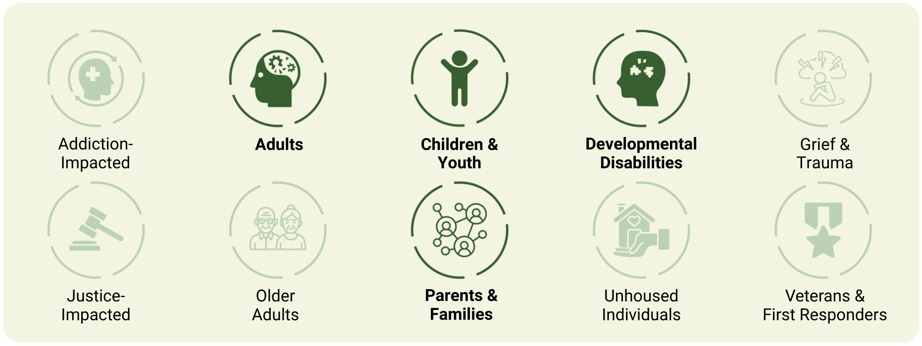 The targeted populations list shows that this profession primarily work with children and youth, families, adults, and individuals with developmental disabilities. They do not typically work with older adults, unhoused individuals, justice-involved populations, veterans, or individuals impacted by addiction.