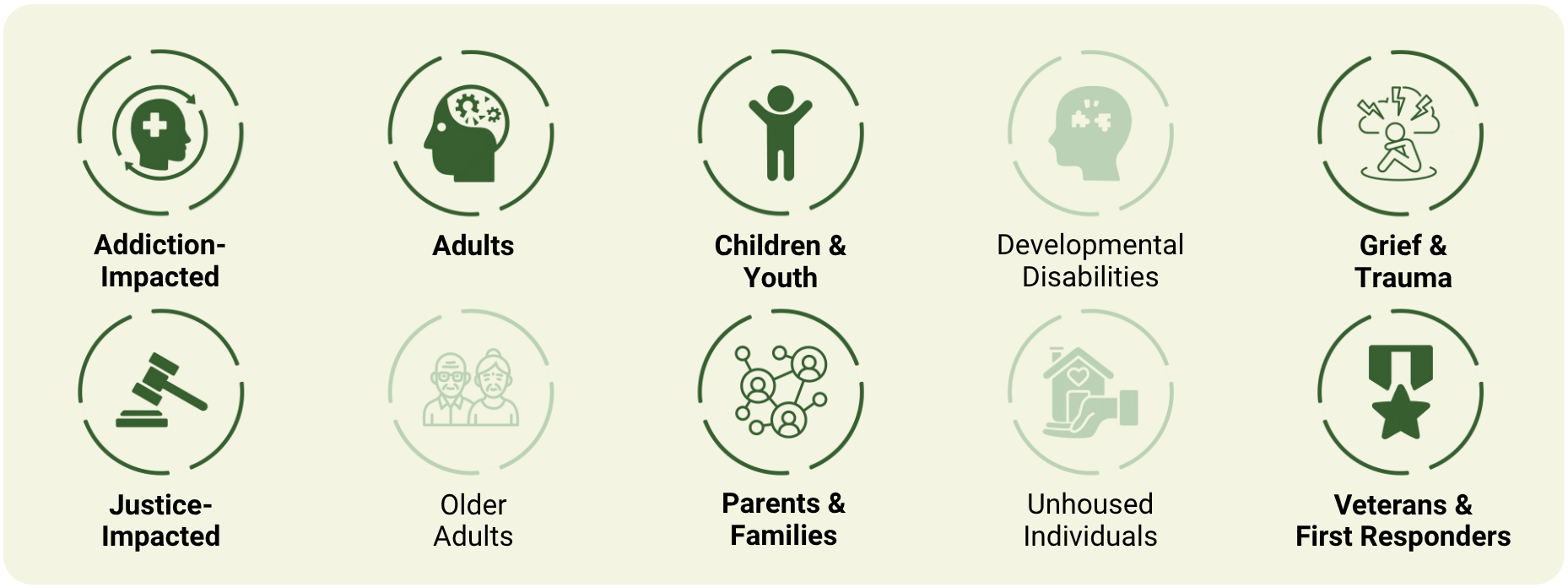 This profession primarily works with adults in recovery, families impacted by addiction, justice-involved individuals, children and youth, veterans and first responders, and those experiencing grief or trauma. This profession typically do not work with older adults, individuals with developmental disabilities, or unhoused individuals.